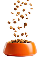 Orange bowl filled with pet food; food particles are flying out