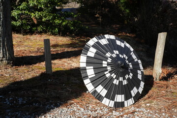 A black and white umbrella is laying on the ground in a field. The umbrella is open and has a...