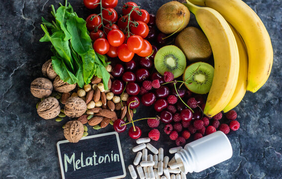 Foods containing melatonin on a beautiful background. Selective focus.