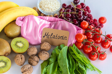 Foods containing melatonin on a beautiful background. Selective focus.