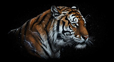 Intense close-up portrait of a Bengal tiger against a dark, dramatic background.