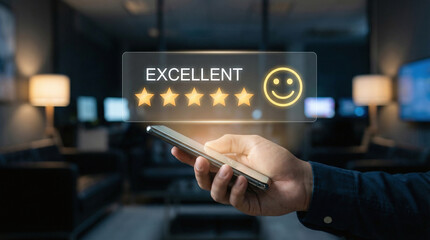 User holding smartphone displaying a five-star customer feedback rating interface with glowing stars and smiley