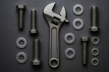 Industrial flat lay showing an adjustable wrench surrounded by various bolts and washers on a dark background