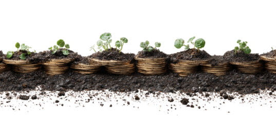 Small seedlings growing in rows of dark soil