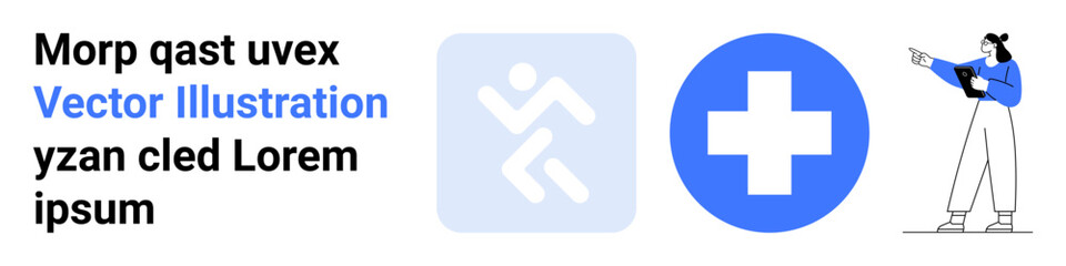 Obraz premium Running person icon, medical cross symbol, and individual pointing at content on a tablet. Ideal for healthcare, emergency response, medical services, digital learning, safe practices, online