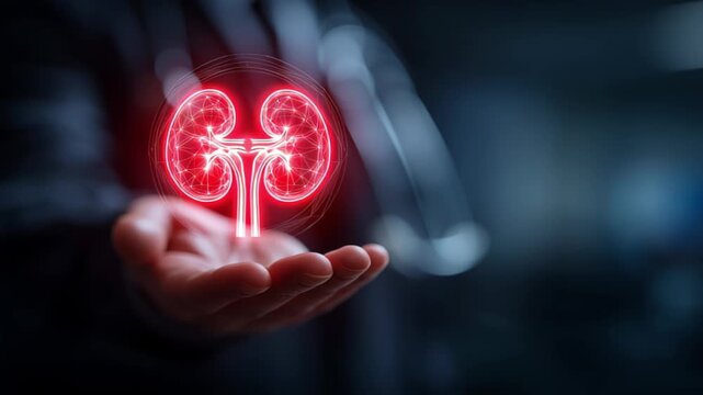 Doctor holding glowing holographic kidney, kidney diseases nephrology medical technology healthcare concept