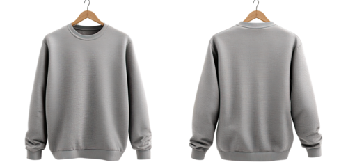 Light gray crewneck sweatshirt on hanger, front and back view
