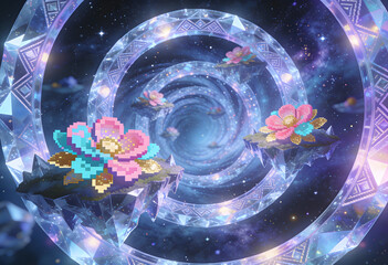 vibrant pixel flowers floating in a dazzling crystal spiral