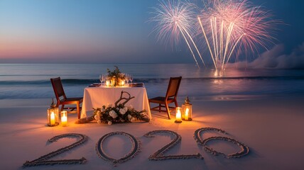 Romantic dinner setting on a beach with fireworks and the year 2026 written in the sand.
