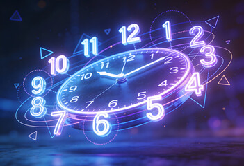 futuristic neon clock with dynamic glowing numbers in 3D