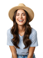 Happy woman with long brown hair wearing beige straw hat laughing joyfully casual denim style lifestyle portrait