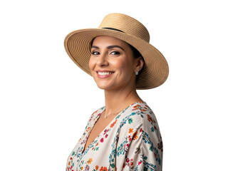 Elegant woman wearing beige straw hat looking up smiling gracefully casual summer fashion portrait on white background