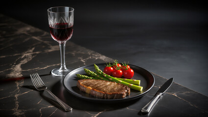 Delicious steak dinner paired with red wine and fresh vegetables