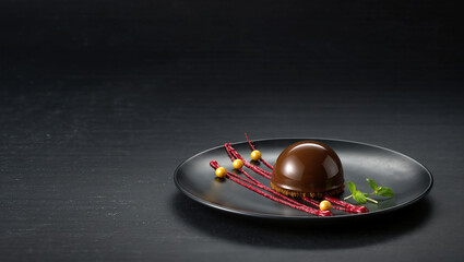 Chocolate dessert shines on a sleek black plate in soft light