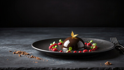 Elegant chocolate dessert topped with fresh raspberries