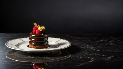 Delightful chocolate dessert crowned with vibrant berries and gold