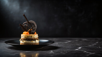 Delightful dessert with chocolate swirls on a dark marble background