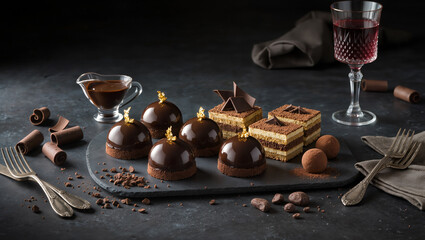 Delightful chocolate desserts served on a dark elegant table