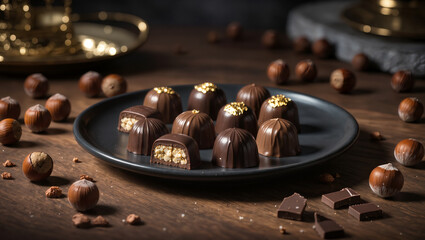 Delightful handmade chocolates decoratively arranged on a dark plate