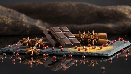 Rich chocolate with spices arranged on a dark slate surface