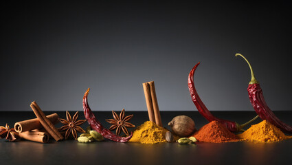 Colorful spices lined up in artistic arrangement on a dark surface