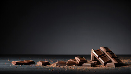 Decadent chocolate bars scattered on a dark surface