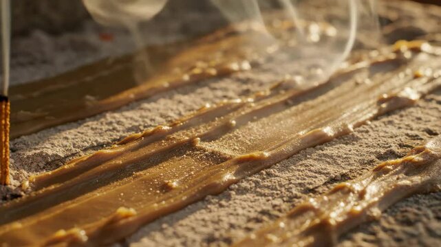 Closeup macro shot of thick creamy caramel sauce being drizzled onto a bed of fine sugar crystals with a thin stick applicator creating textured lines and a hint of smoke rising from the caramel in