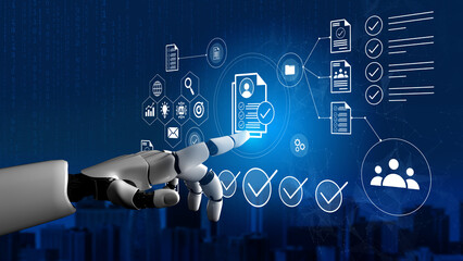 A robotic hand pointing at digital documents and icons, showcasing the integration of technology in data management and automation within a modern city setting. Gantry