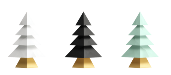 Three stylized Christmas trees in white, black, and mint green, displayed against a dark background.  Each tree has a geometric, layered design, and a light gold/tan base