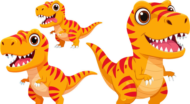 Three adorable cartoon baby tyrannosaurus rex dinosaurs with vibrant orange and red stripes isolated on white background