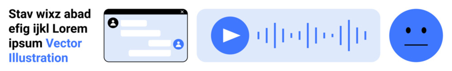 Fototapeta premium Communication, user experience, chatbots, voice input, modern technology, emoticons. Set of UI icons showing chat bubble, audio play button soundwave face icon. Communication and user experience