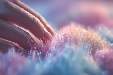 ultra detailed macro of fingers touching fuzzy pastel surface, dreamy atmosphere, shallow depth of field, soft shadows, sensory driven composition