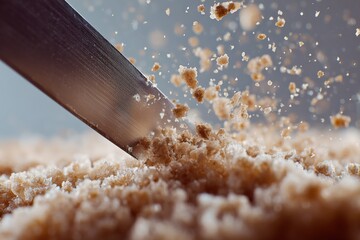 knife cutting through a perfectly smooth dessert, clean slow slice, delicate crumbs falling, ultra detailed macro, quiet and satisfying ASMR mood, soft shadows and neutral tones