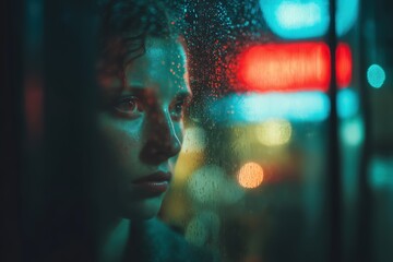 person looking at their reflection in a rainy window at night, emotional introspection, soft neon lights, cinematic atmosphere, realistic photography, deep emotional storytelling