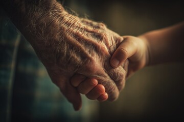 grandparent and child holding hands, wrinkles and small fingers contrast, warm emotional lighting, deep human connection, realistic photography, intimate moment, cinematic depth