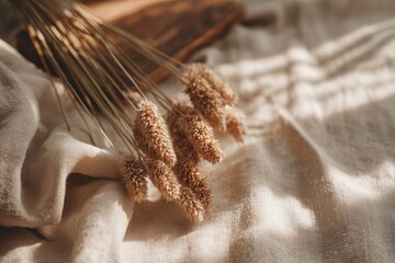 macro lifestyle shot of dried grasses, linen textiles and wooden elements, warm natural light, boho home decor aesthetic, organic textures, cozy and sensory atmosphere, minimalist composition