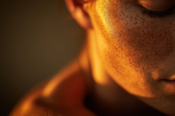 macro close-up of warm sunlight touching human skin, soft golden highlights, subtle skin texture, cozy and calm atmosphere, gentle shadows, tactile and emotional warmth
