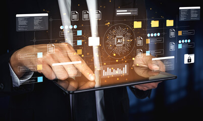 A business professional interacts with a tablet showcasing AI-driven data visualizations and analytics in a sleek office environment, representing modern technology. Gantry