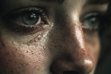 extreme close-up portrait showing tear-filled eyes and subtle goosebumps on skin, emotional vulnerability, soft diffused light, cinematic mood, shallow focus, raw human emotion, tactile realism