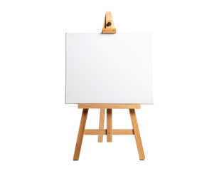 Wooden easel with blank canvas isolated on transparent background.