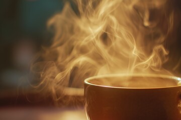 cinematic scene of fresh coffee aroma visualized as warm, swirling steam, soft morning light coming through a window, cozy atmosphere, gentle motion in the air, rich brown tones, sensory storytelling,