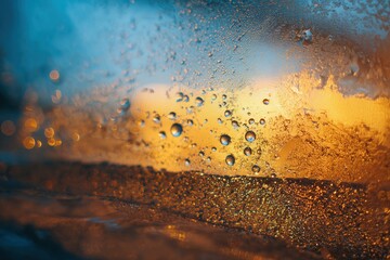 artistic macro scene showing warm sunlight melting ice on glass, contrast of golden and blue tones, water droplets forming, tactile textures, emotional transition from cold to warmth