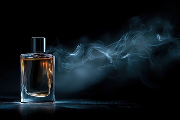 luxury perfume bottle surrounded by delicate aromatic vapor, soft flowing mist forming elegant shapes, dark background with subtle highlights, sensual and refined mood, cinematic lighting, high-end se