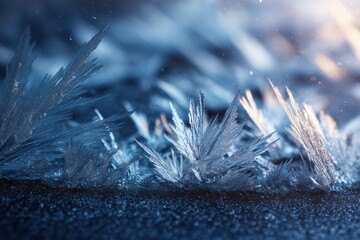 macro shot of ice crystals forming on frozen glass, sharp icy textures, cold blue and silver tones, crisp winter atmosphere, tactile realism, dramatic light reflections, high detail, cinematic mood 