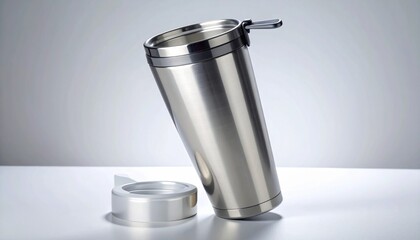 Stainless steel travel tumbler with lid, tilted on bottom edge against light gray background, sleek and reflective.
