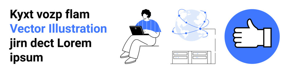 Obraz premium Digital integration, networking, remote work, online approval, global communication, modern technology. Person with laptop, globe interconnected thumbs-up icon. Digital integration and networking