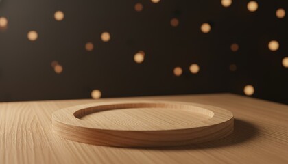 Obraz premium Wooden plate on smooth table with blurred lights in background 