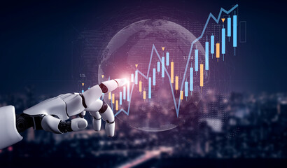 A futuristic robot hand points at a digital financial graph, highlighting technology significant impact on finance and investment strategies in an urban setting. Gantry