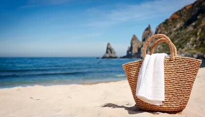 woven beach bag with white towel on sandy shore with ocean and cliffs