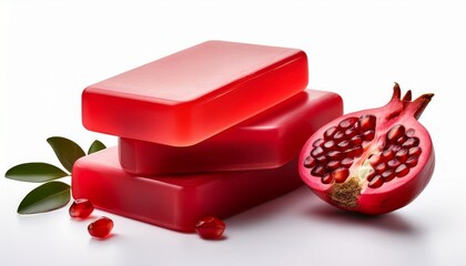 red soap bar with pomegranate isolated on white background for natural skincare